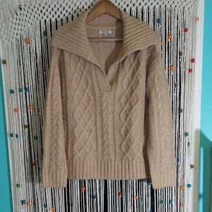 Cozy Tan Cable Knit Sweater With Wide Collar